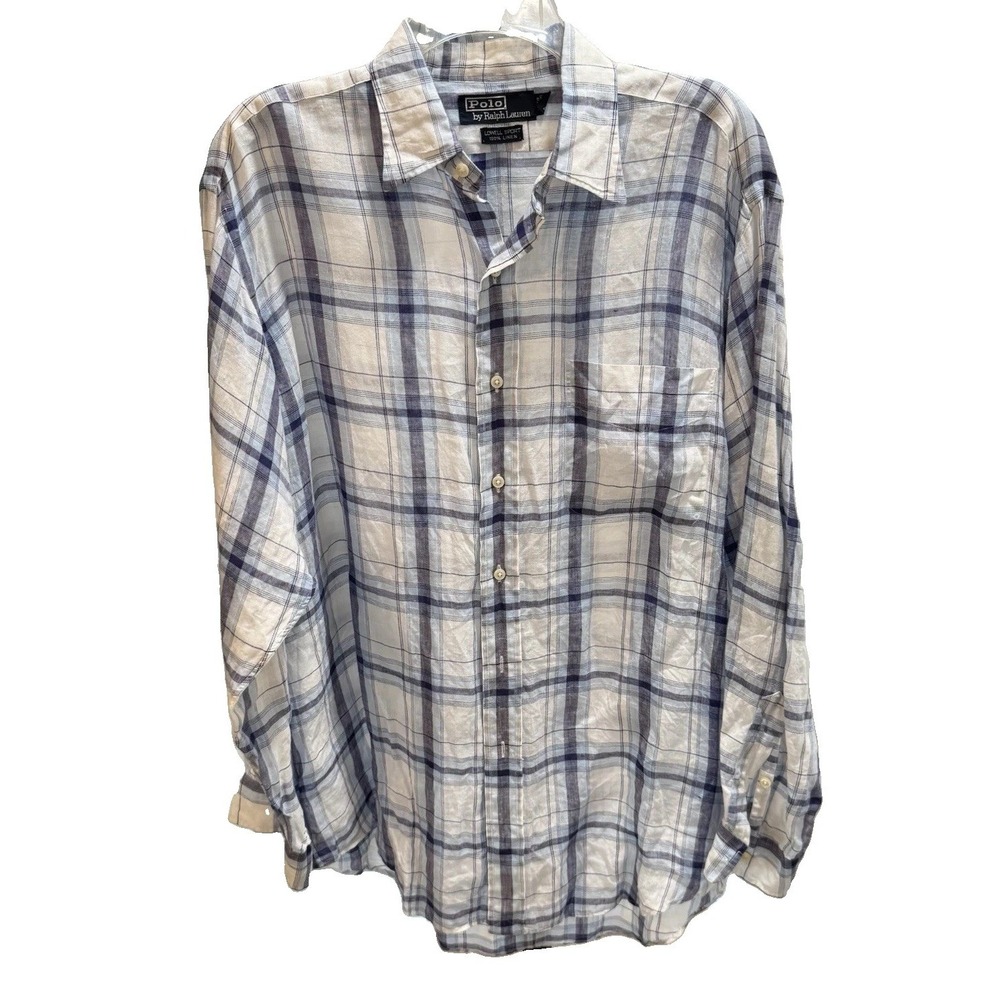 Vtg 90's Polo Ralph Lauren Lowell Shirt Blue White Plaid Linen Men's Sz M